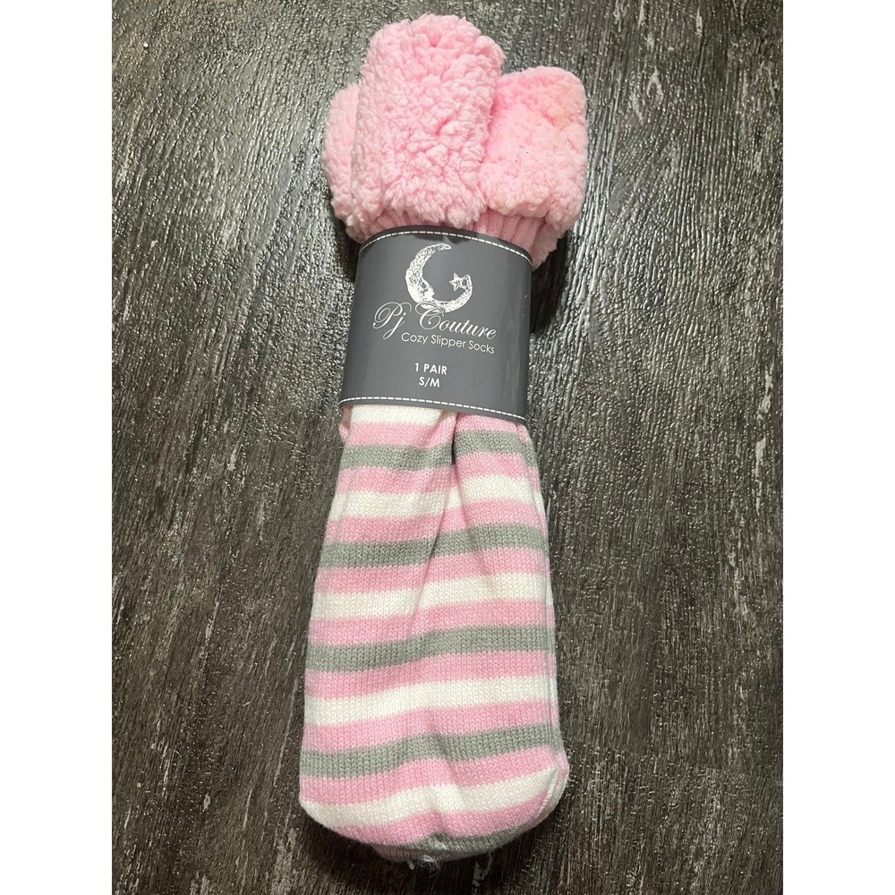 PJ Couture Cozy Slipper Socks Pink Striped Gray White NWT S/M Fits 5-8 Women